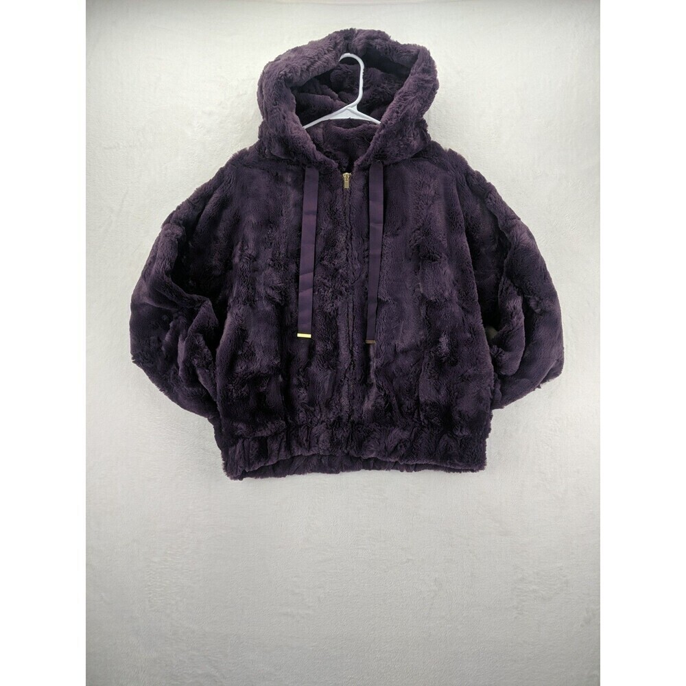 EXPRESS Faux Fur Hooded Deep Purple Teddy Jacket Sz Small w/ Gold Accents